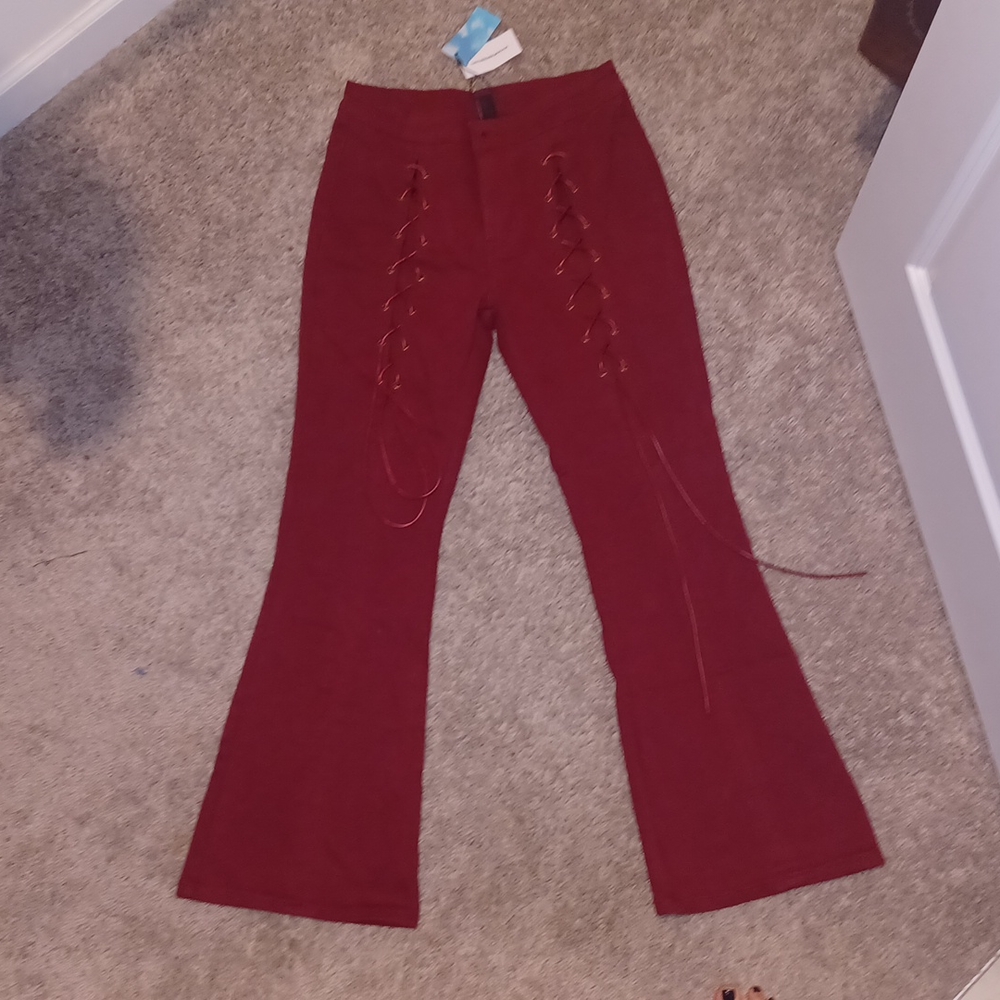 High Rise lace up red denim flares 🤍